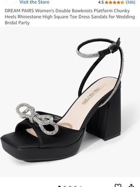 Dream Pairs Black Platform Block Heels with Rhinestone Bow